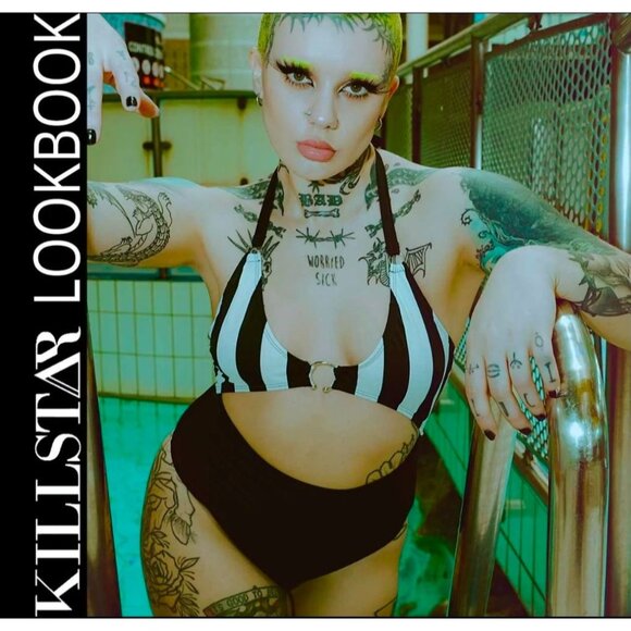 Killstar ✦ Pollienar Swimsuit XS ✦ Striped Cutout Halterneck Gothic One-Piece - Picture 7 of 7